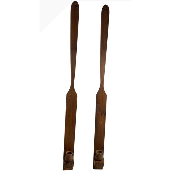 Vintage Wood Candle Wall Sconces Pair Rustic Decor 30”Tall Brown Wooden Holders - Picture 1 of 10